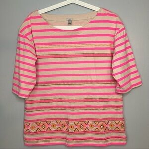 J Crew Stitchwork Striped Embroidered Pullover Cotton Shirt Pink Cream Size M